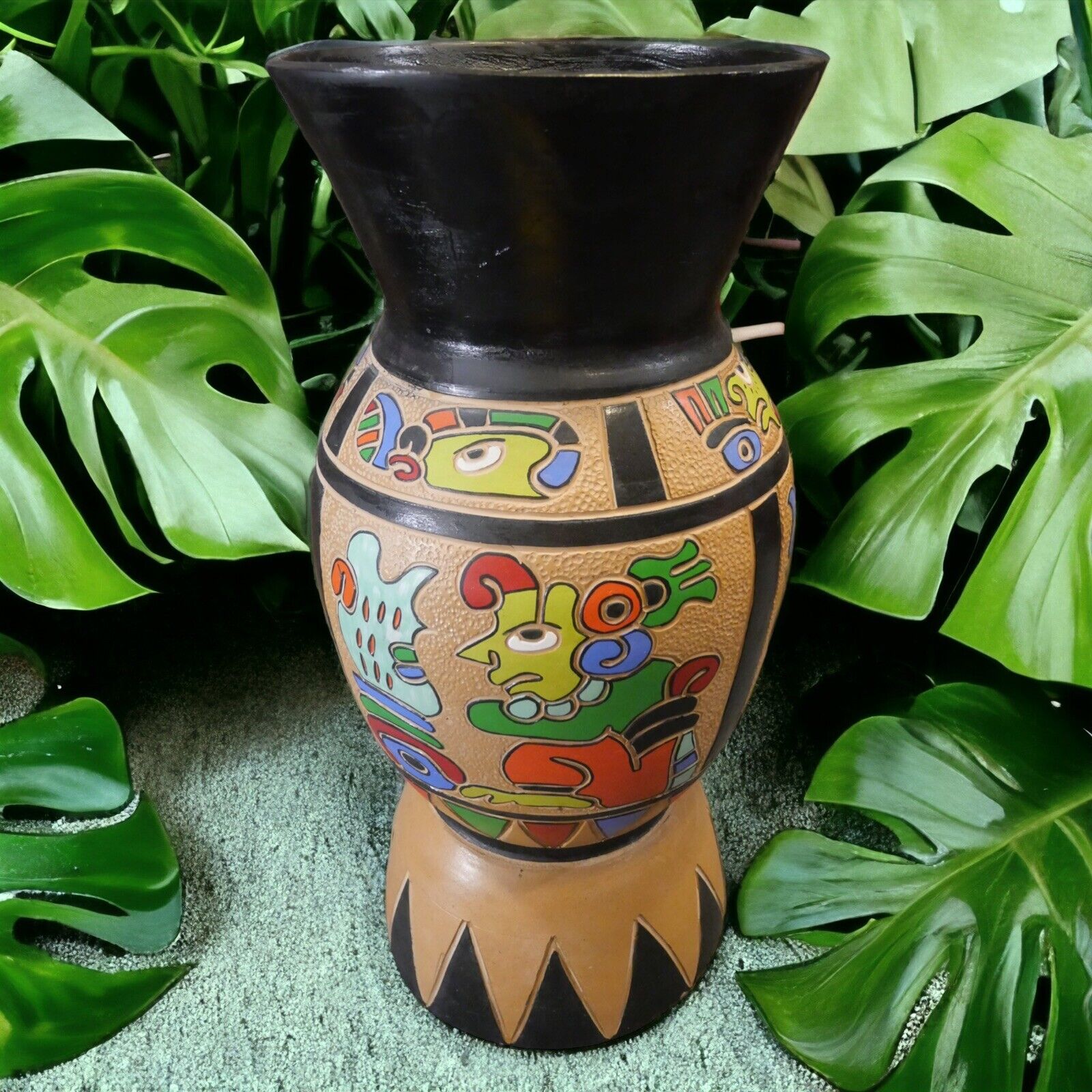 Vintage 1960's Guatemalan Mid Century Modern Clay Aztec Motifs Floor Vase