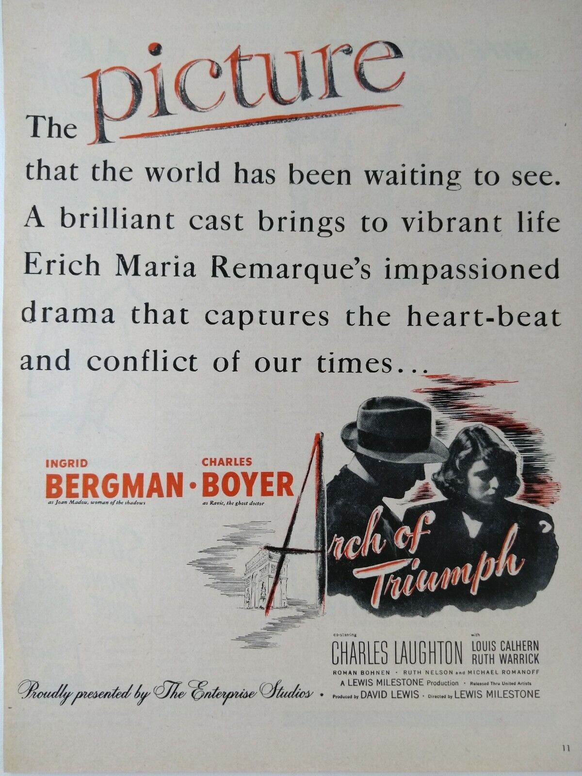 Arch of Triumph Movie Film Original Print Ad 1947 Charles Boyer Ingrid Berman 