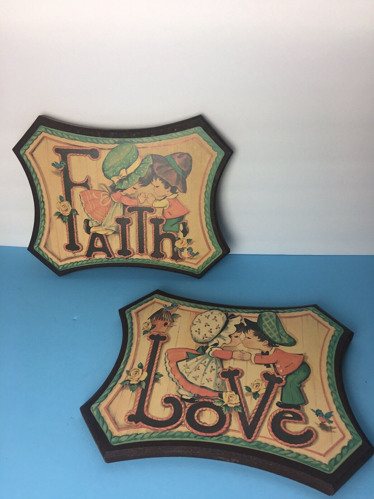 Vintage 1970’s Faith And Love Plaques Wood Set Of 2