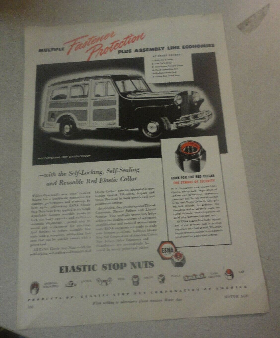1947 ESNA Elastic Stop Nuts for Car Tires Advertisement