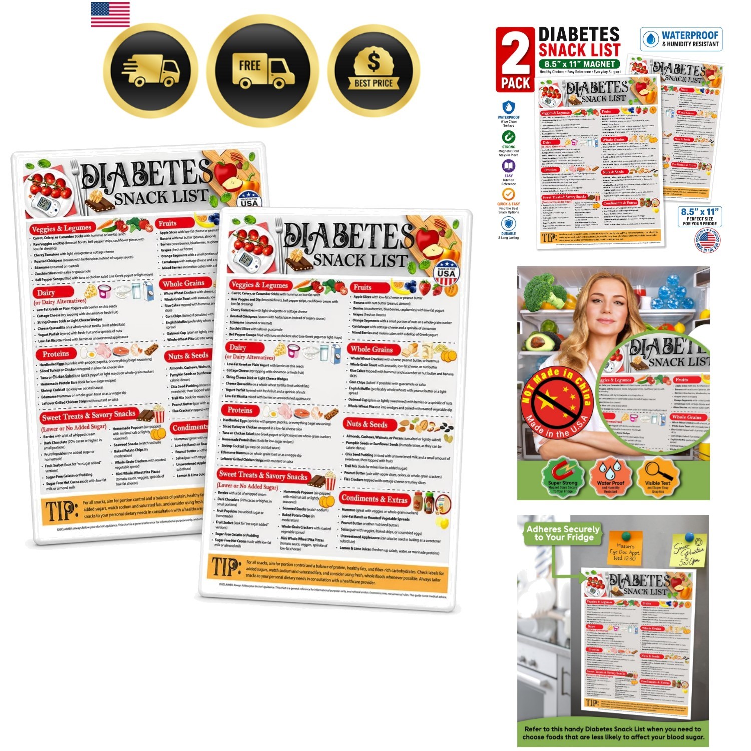 Magnetic 8.5x11 Diabetes Snack List Fridge Magnet – Healthy Low-Sugar Diet Pl...