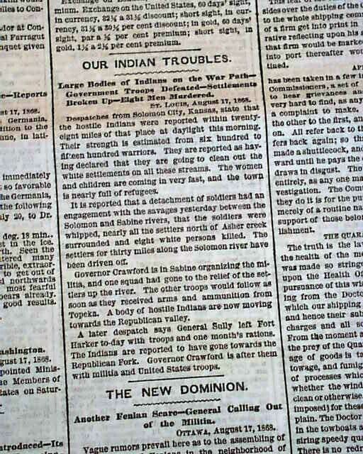 SOLOMON RIVER VALLEY Defense of Kansas Frontier vs. INDIANS War 1868 Newspaper