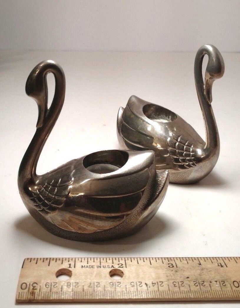 Nice Vintage Set of Two Silver Plated Swan Candle Holders