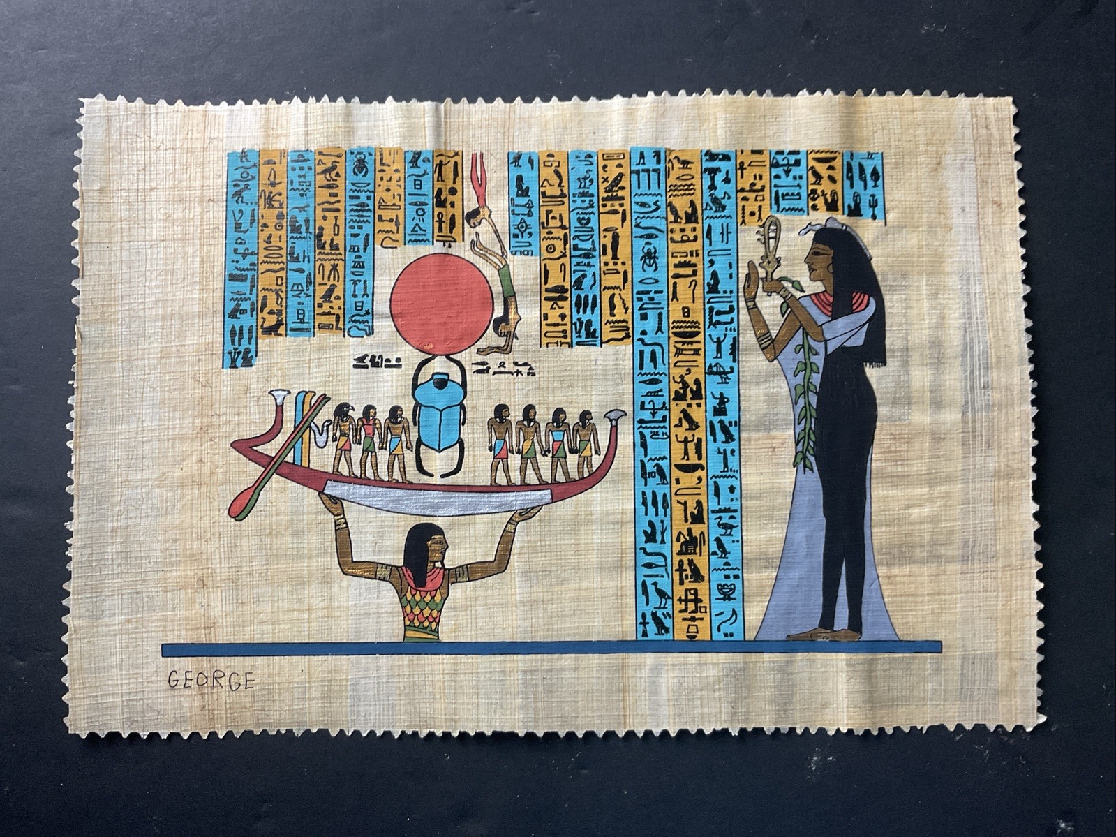 Vintage Egyptian Papyrus Painting Nun Raising up Khepri in His Rising 8x12”
