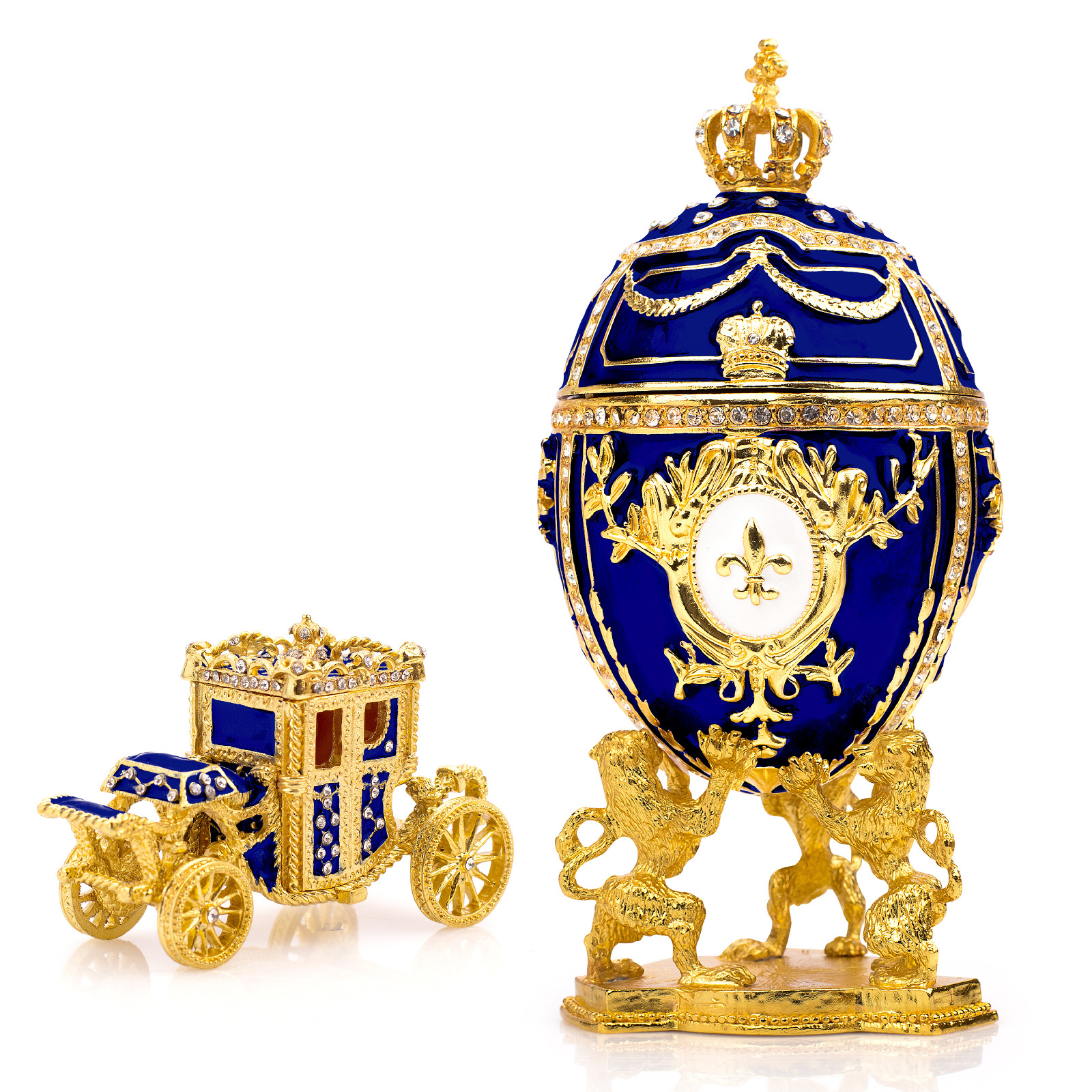 Royal Imperial Blue Faberge Egg Replica: Extra Large 6.6” with Carriage by Vtry