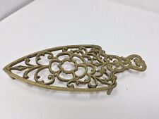 Antique English Brass Trivet Open Fret Work Footed Iron Shape 6” picture