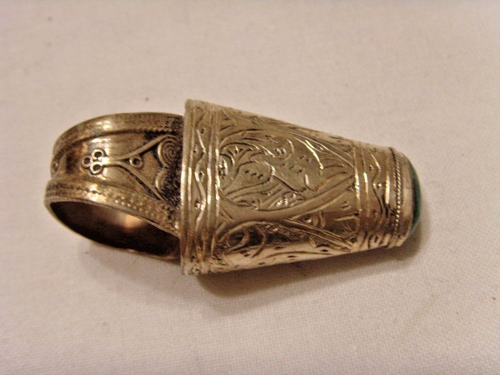 antique Turkmen 850 silver 2 inch tall minaret turquoise ring 8 size sca 46497