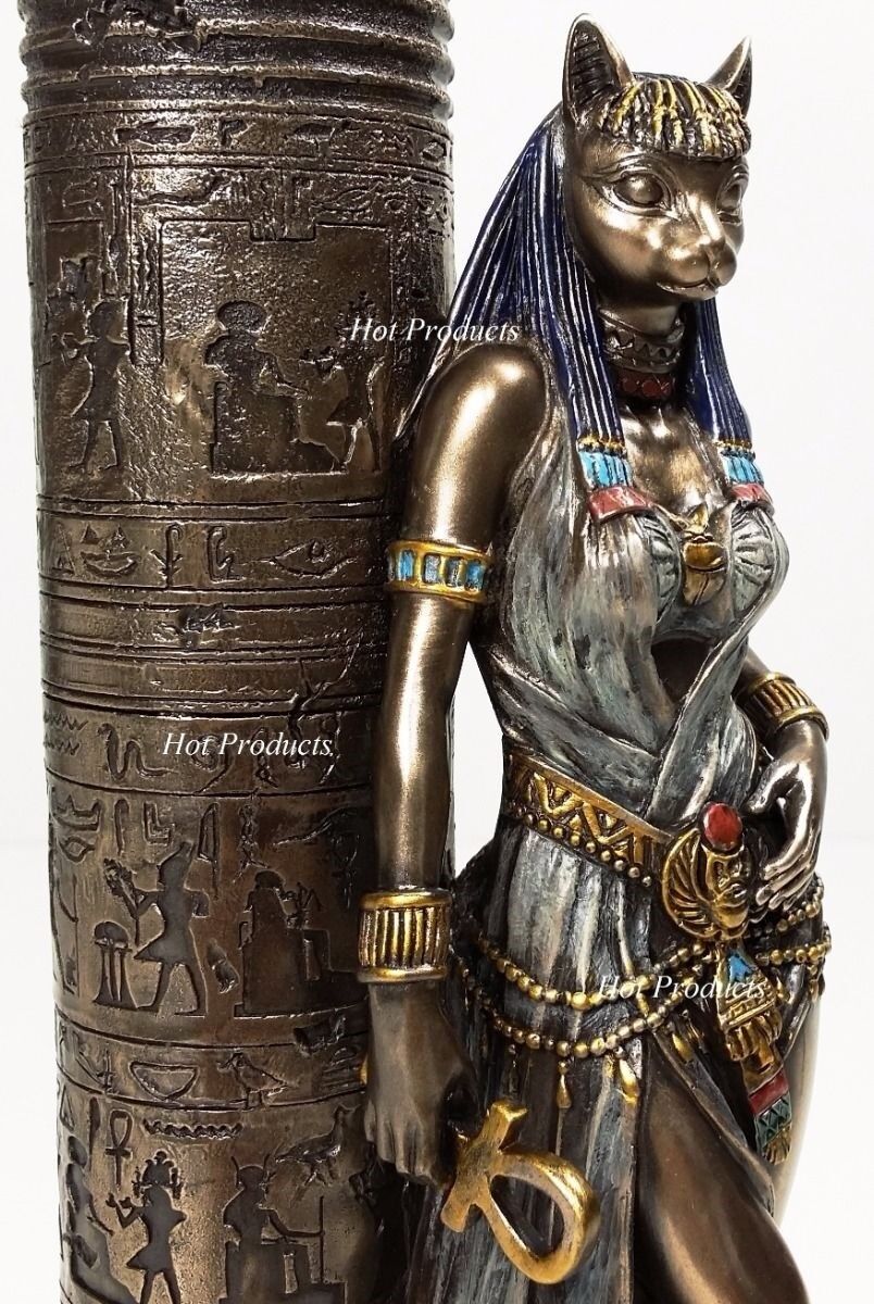 Egyptian Cat Goddess Bastet Candle Holder Statue Sculpture Antique Bronze Finish