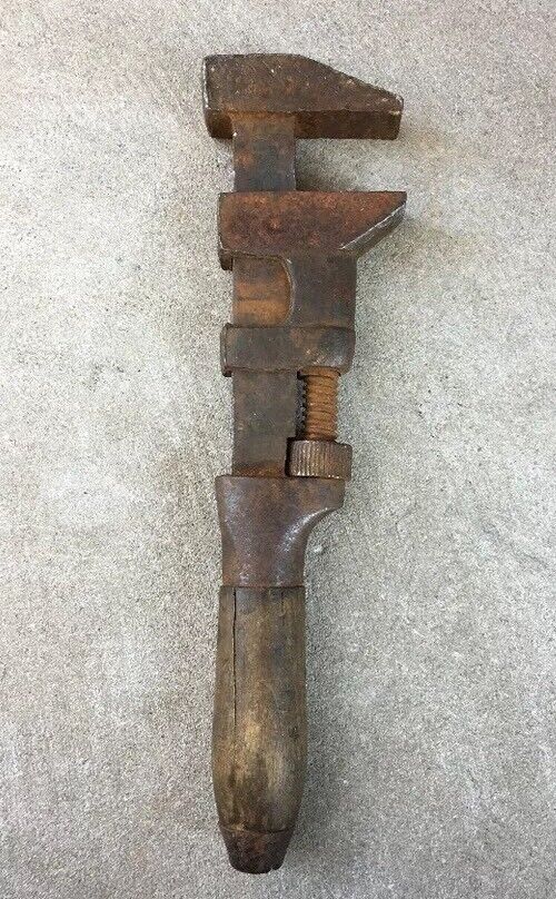 Antique Adjustable Pipe Monkey Wrench with Wood Handle