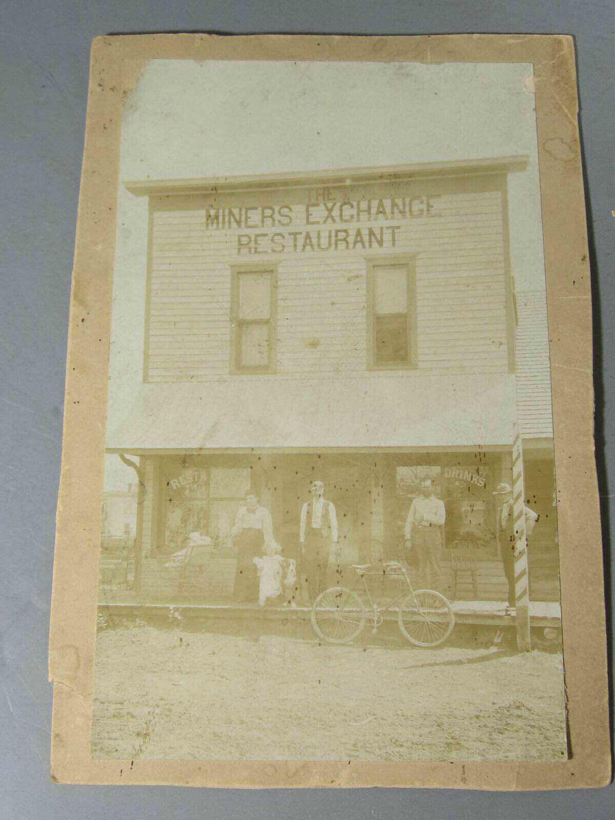 Mounted Photograph Miners Exchange Restaurant / Old Bicycle Barber Pole Girl w/ 