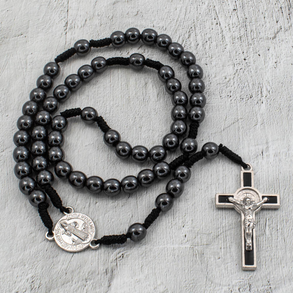 Saint St Benedict Medal Cord Rosary Black Hematite Beads Rosario San Benito 12\