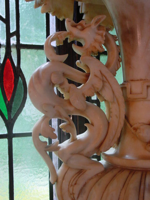 19C Carved Ornate Alabaster Mythological Vase Griffin/Dragon/Goddess/Mask/Floral