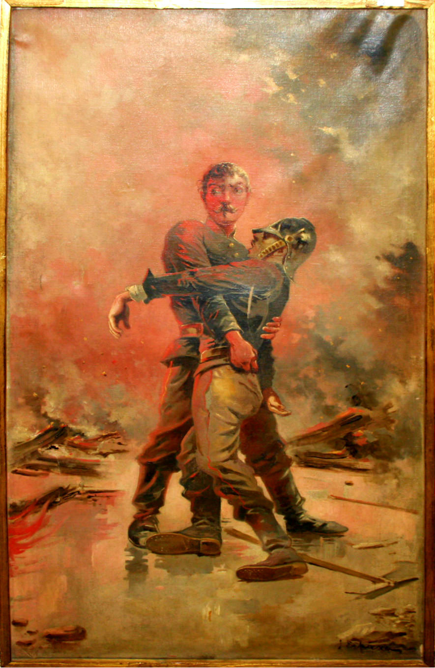 RESCUE OF A FIREFIGHTER DURING A FIRE. OIL ON CANVAS. .ESPAÑA (?) XIX