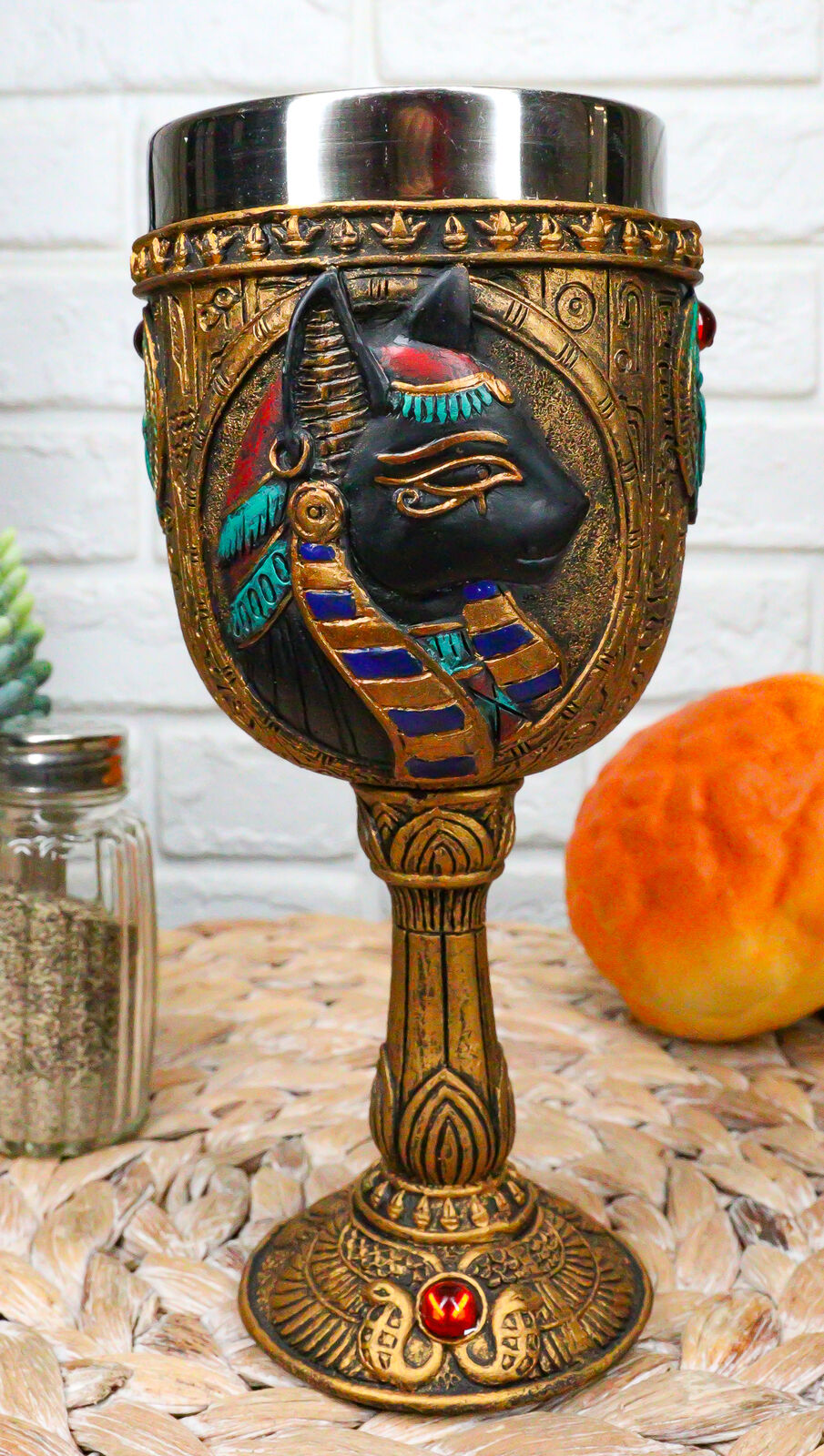 Egyptian Goddess Of Home And Women Bastet Cat With Scarab Wine Goblet Chalice