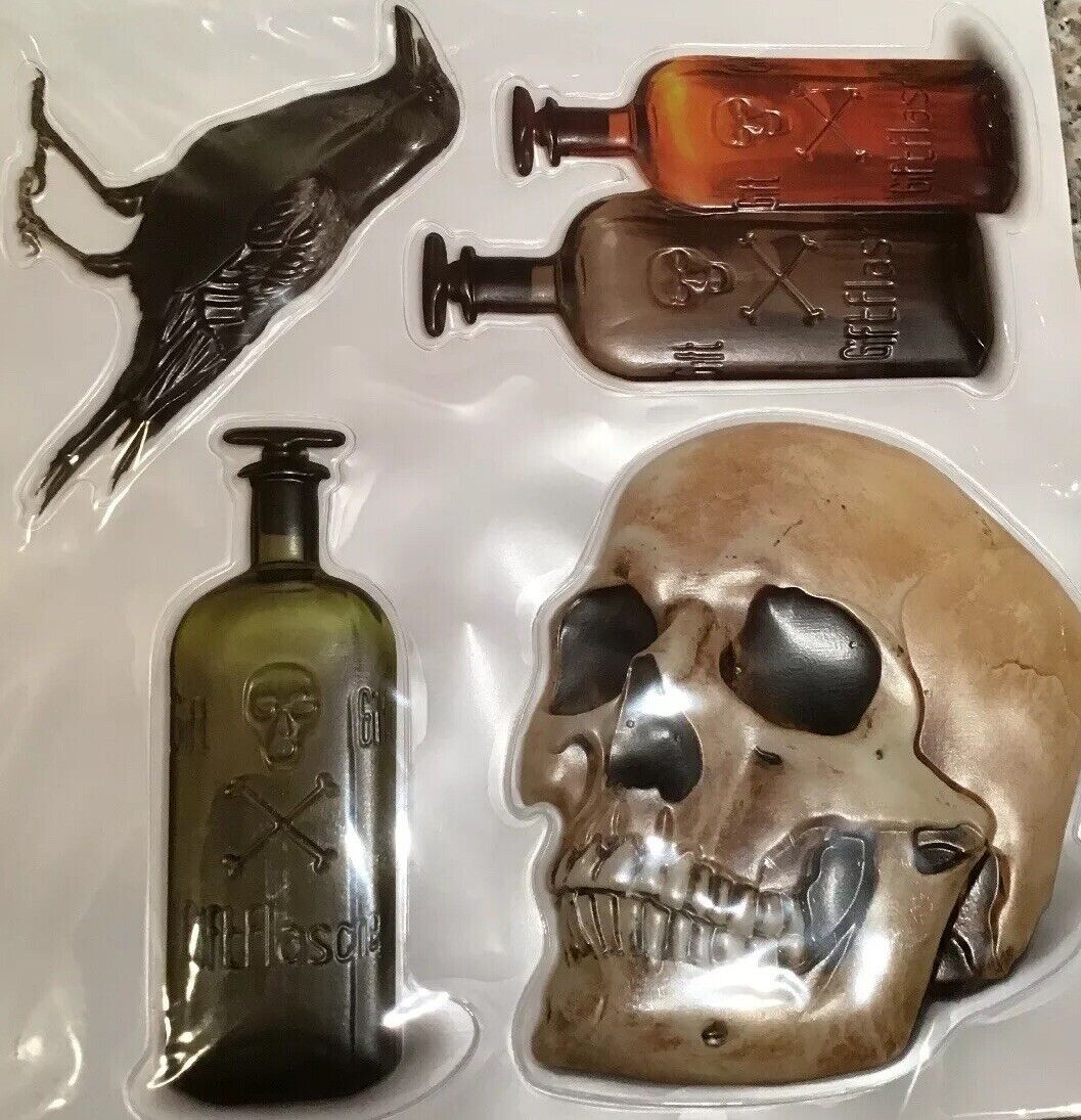 Realistic HALLOWEEN WINDOW CLINGS skull poison bottle crow raven spooky puff 3D