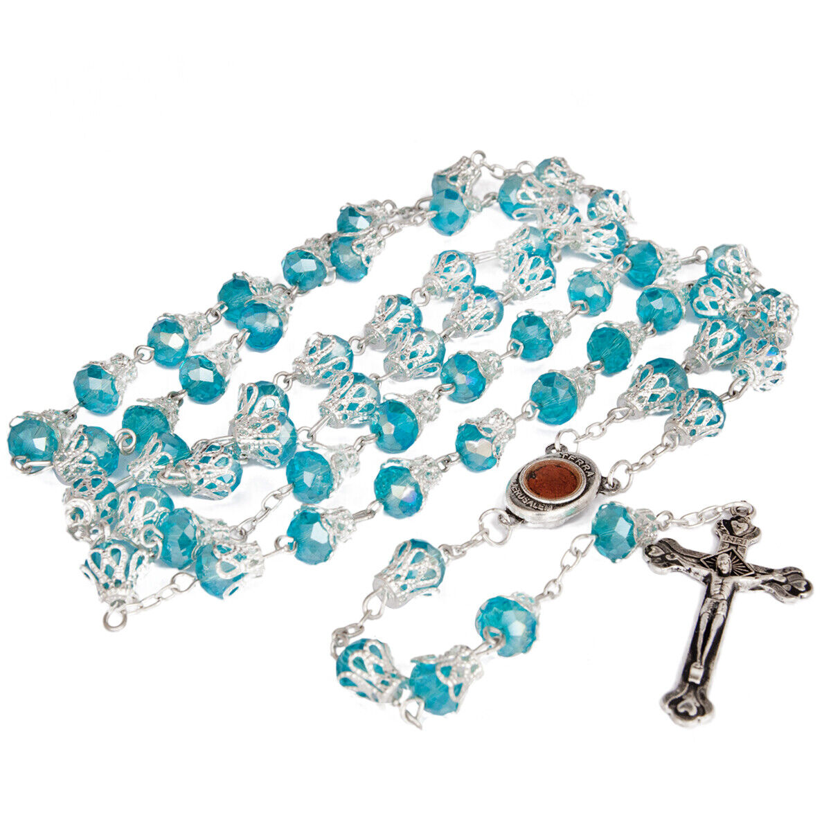 Rosary Beads Light Blue Crystal w/Сrucifix & Holy Soil Jerusalem 23.5\