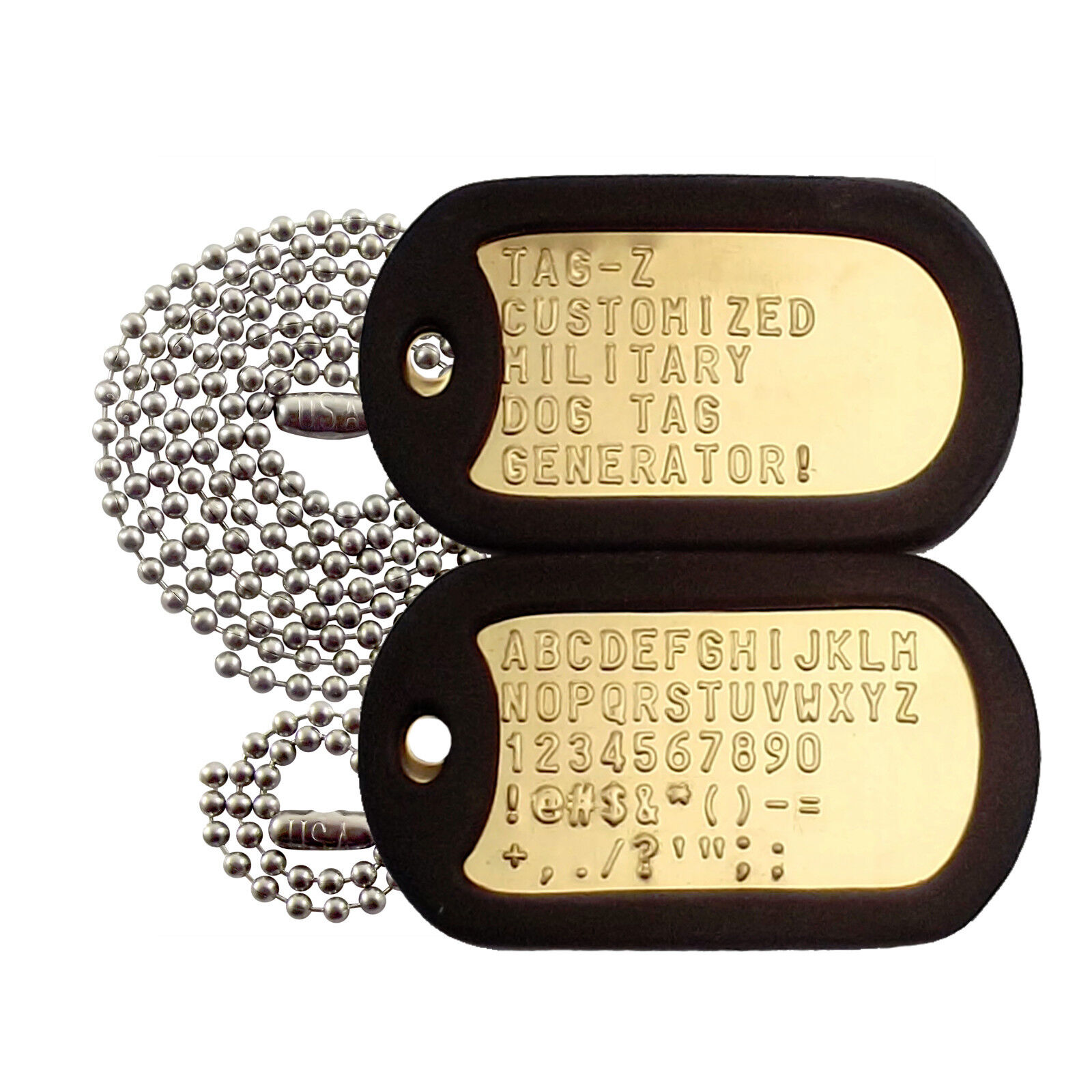 2 Military Dog Tags - Custom Embossed Brass - GI Identification w/ Silencers