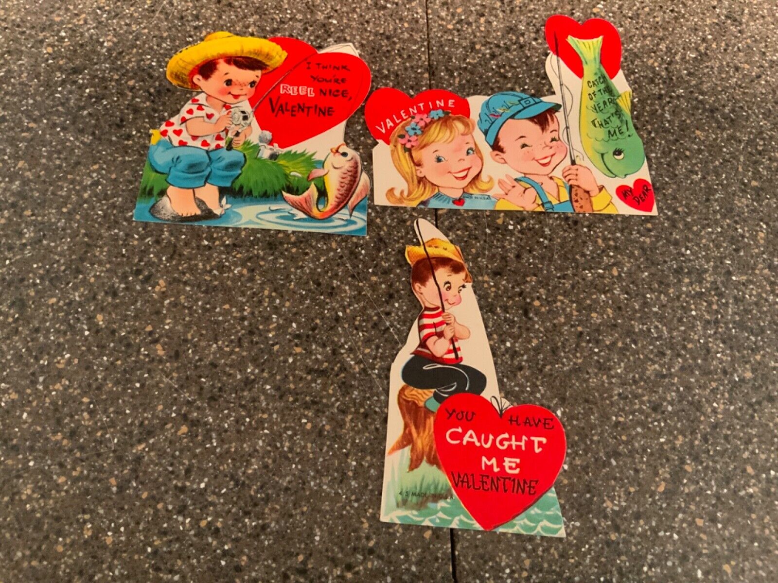 3 VINTAGE VALENTINES DAY CARDS-FISHING MOTIF