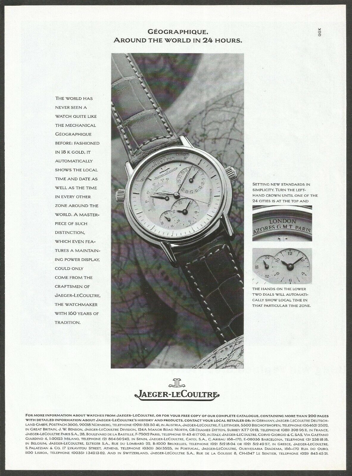JAEGER-LeCOULTRE GEOGRAPHIQUE watch - 1993 Vintage Print Ad