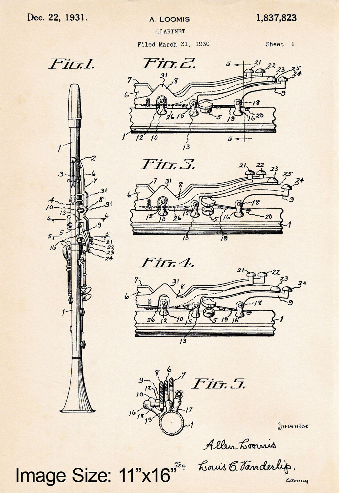 1931 Clarinet Art Loomis Patent Print 11\