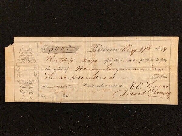 1849 PROMISSORY NOTE BALTIMORE MD 25¢ COIN EMBOSSED REVENUE
