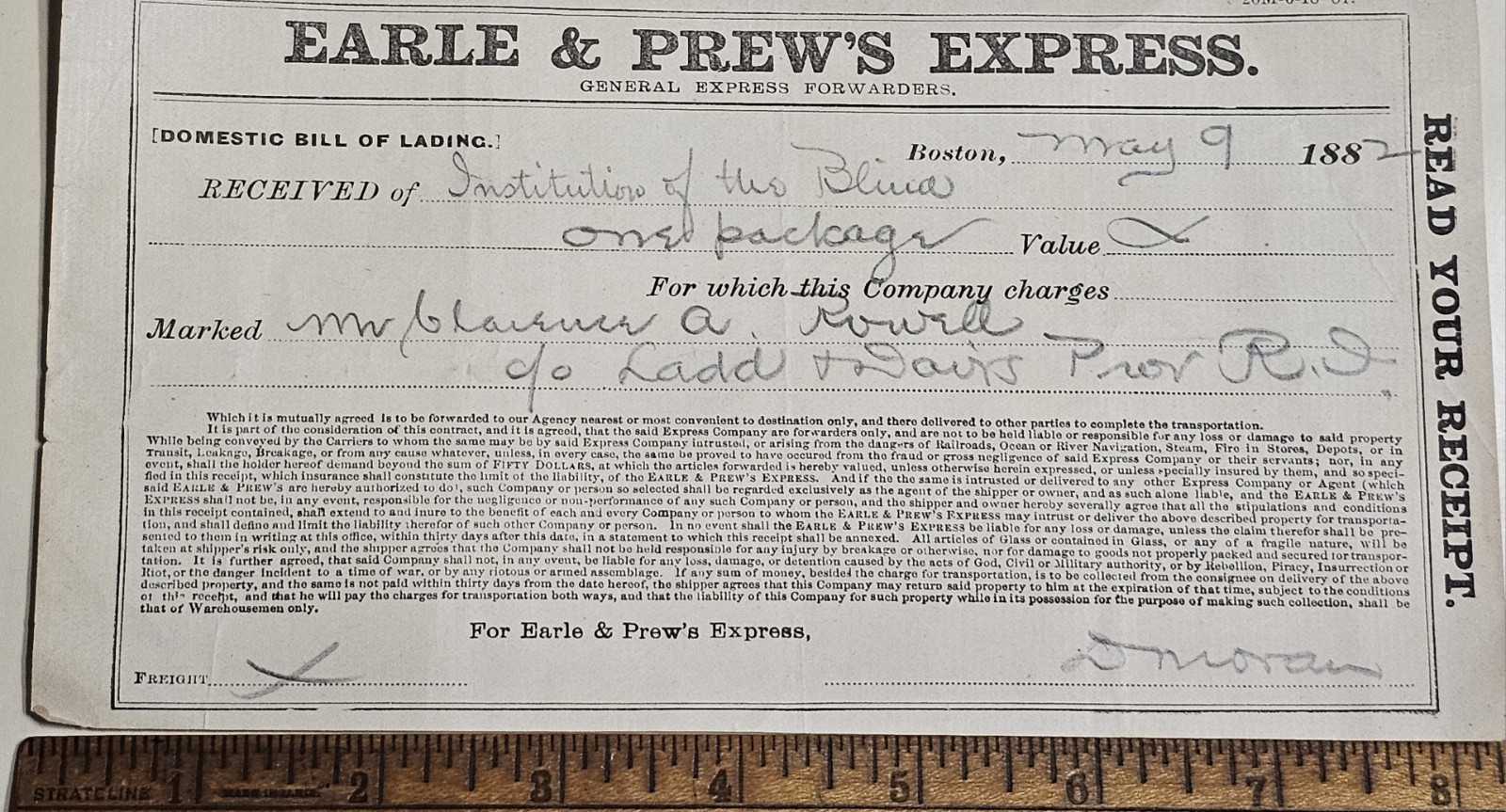 1882 Perkins Institution Blind Earle & Prew's Express Bill CA Rowell Legislator