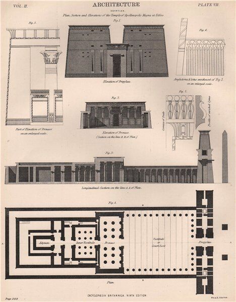 EGYPTIAN ARCHITECTURE. Temple of Apollinopolis Magna Edfu Propylaea Pronaos 1898