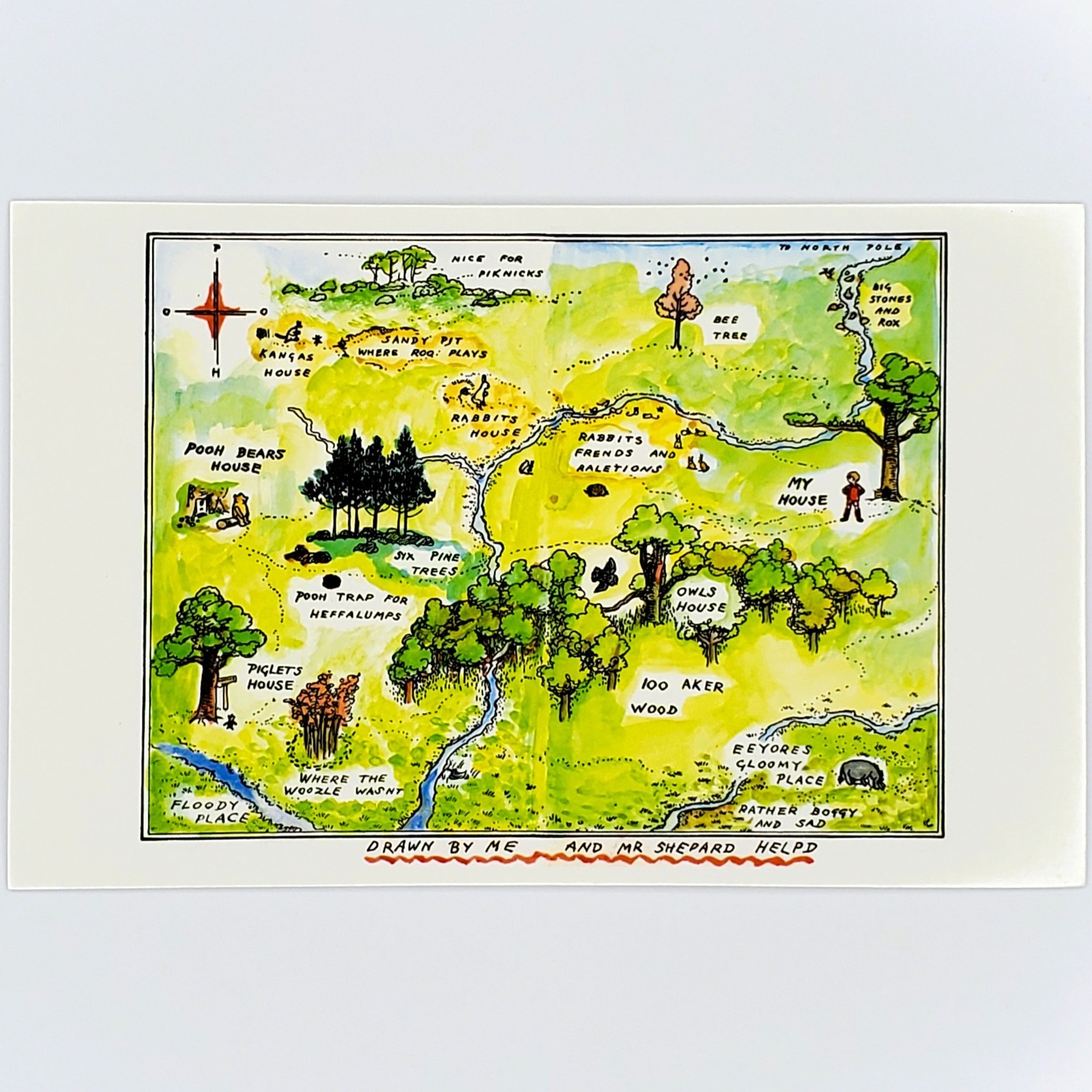Classic Winnie the Pooh Postcard Hundred Aker Wood Map Disney Shepard 100 Acre