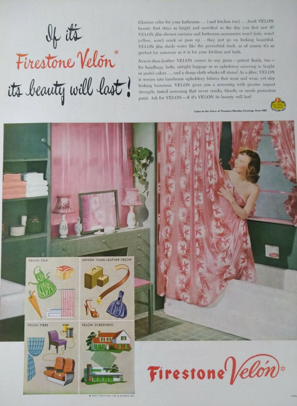 Firestone Velon Vintage Original Color Print Ad  1947 Woman Shower Bathroom