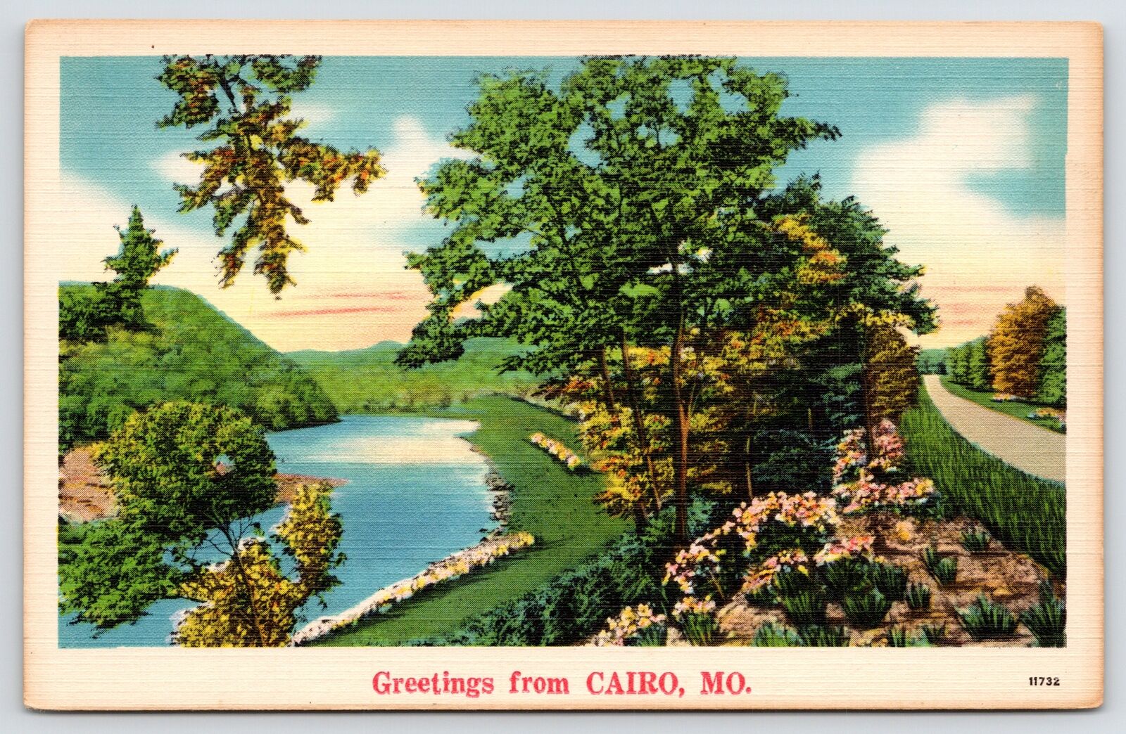 Cairo Missouri~Greetings~Road by River Scene in Early Autumn~1930s Postcard
