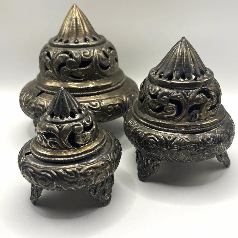 Set of 3 Ornate Metal Lidded Incense Burners Censers with Decorative Motifs