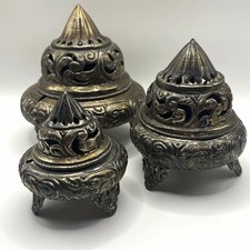 Set of 3 Ornate Metal Lidded Incense Burners Censers with Decorative Motifs picture