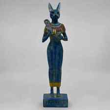 Rare Blue Bastet Statue Holding The Sacred Sistrum of Hathor , Egyptian Goddess picture