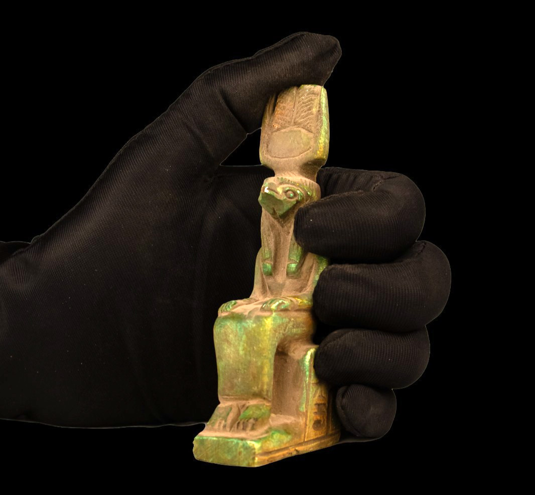 Ancient Egyptian Thoth Statue Seated God Green Patina Stone Collector Art Figure