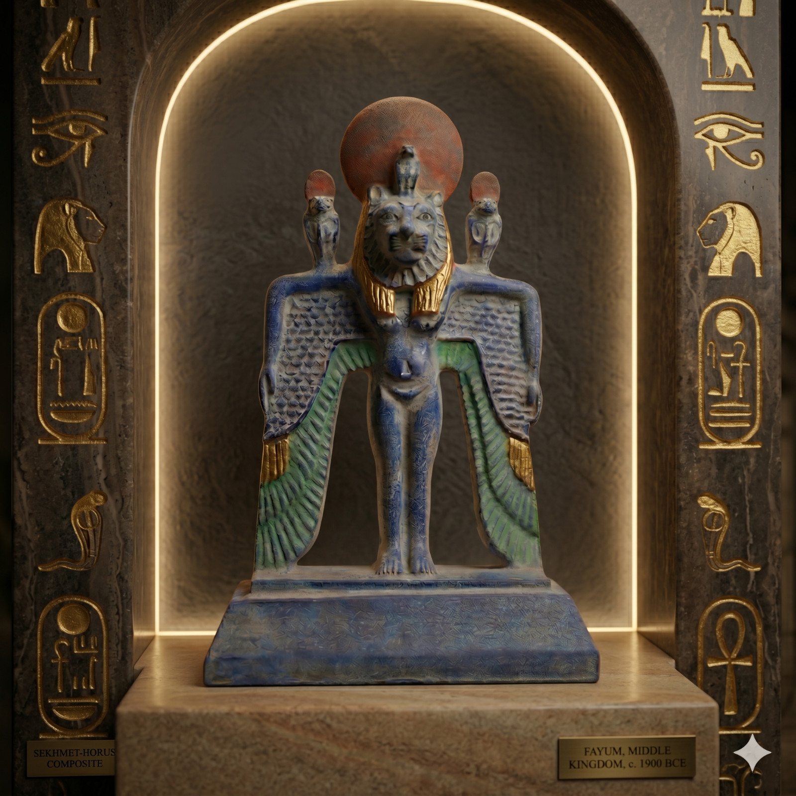 Sekhmet and Horus statue powerful winged deities, Egyptian artifact
