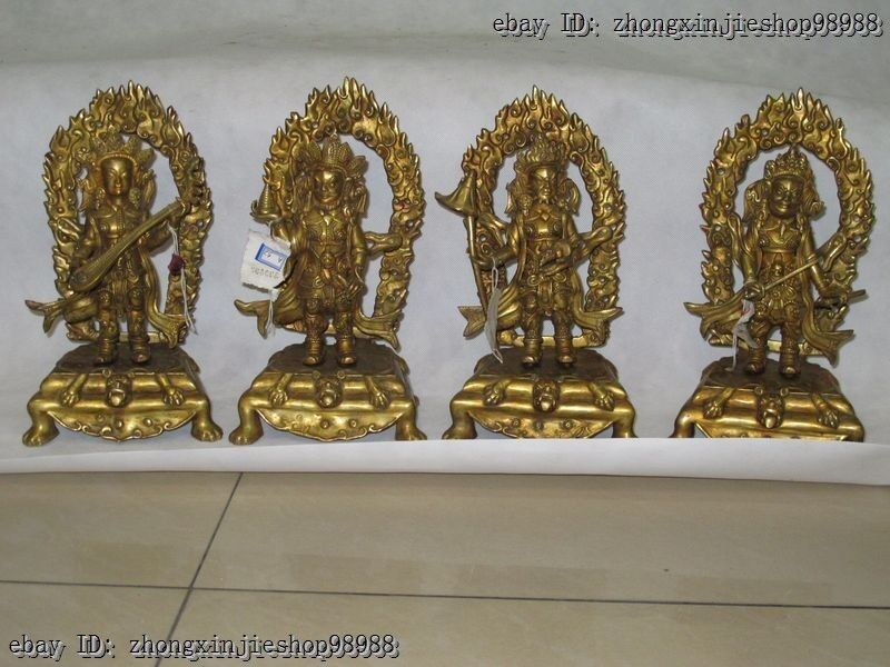 Temple Hall 100% Bronze 24K Gild Four Heavenly Kings God warrior statue Set