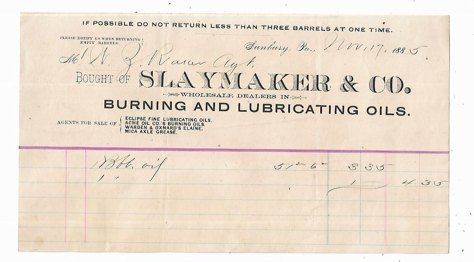 1885 Advertising Invoice Slaymaker Burning Lubricating Oil Sunbury Eclipse Acme 