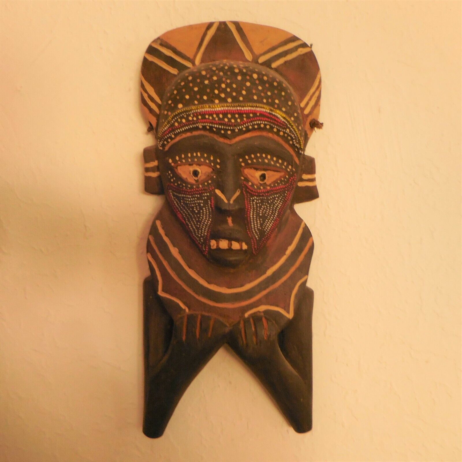 Vintage African Carved & Painted Wood Mask, Beaded to Represent Scarification