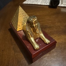 Vintage Gold Tone Egyptian Sphinx and Pyramid Hieroglyphic Souvenir Figurine picture