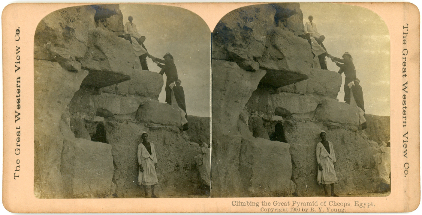 Stereo, Egypt, Egypt, Climbing the Great Pyramid of Cheops, 1900 Vintage Stereo