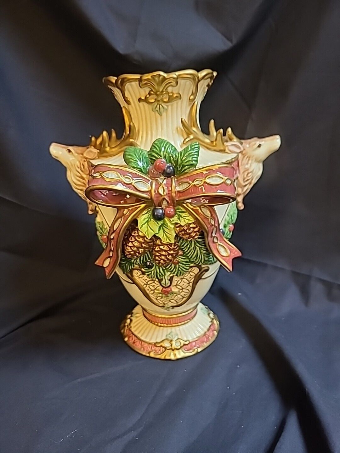 Fitz & Floyd~Florentine Christmas Centerpiece Vase W/ Reindeer & Ribbon