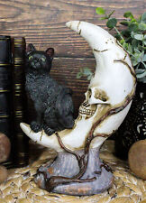 Witching Hour Halloween Black Cat Sitting On Crescent Moon Skull Figurine picture