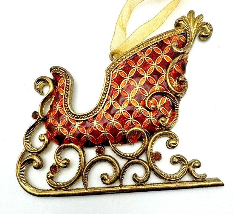 Stunning Vintage Sleigh Ornament Gold Red Solid Brass Nice Metal Work 4.5x3.5\
