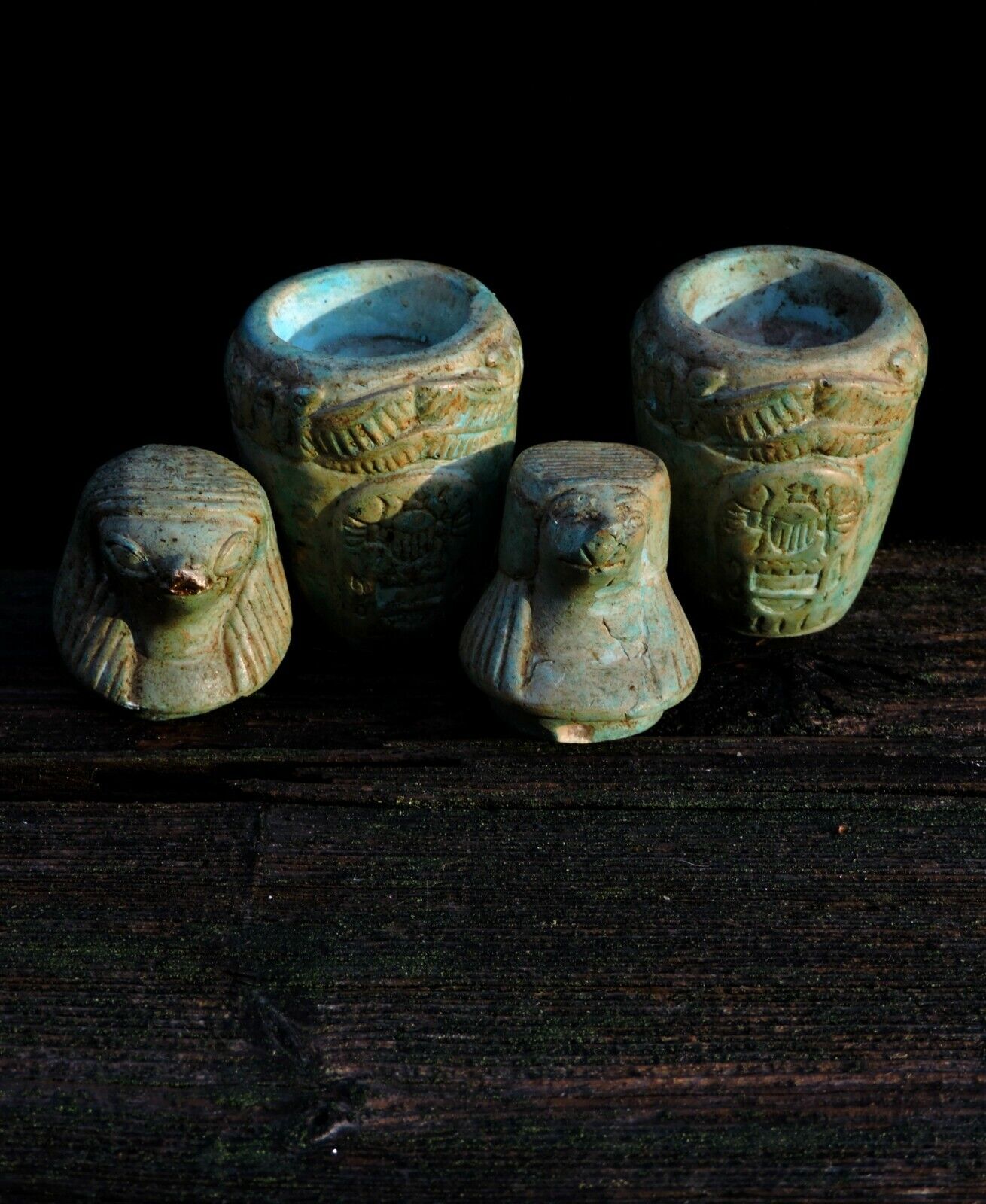 Vintage Canopic Jar Faience Set Qebehsenuef Falcon God & Hapi Baboon God Statues