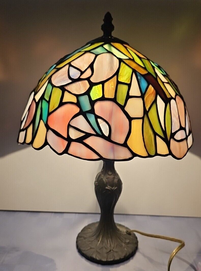 Tiffany Style Stained Leaded Glass Floral Motif Side Table Lamp 15