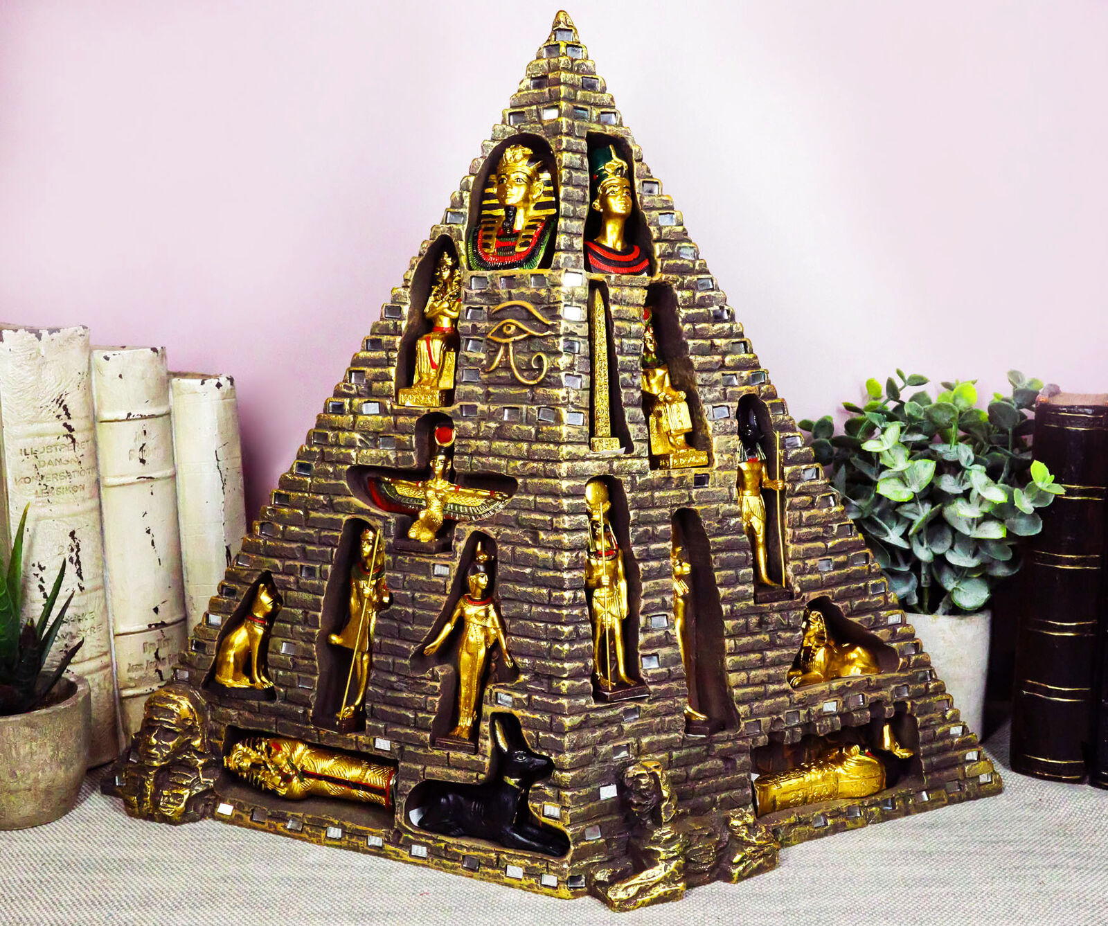 Egyptian Pyramid Statue With 16 Miniature Gods Anubis Osiris Isis Maat Bastet