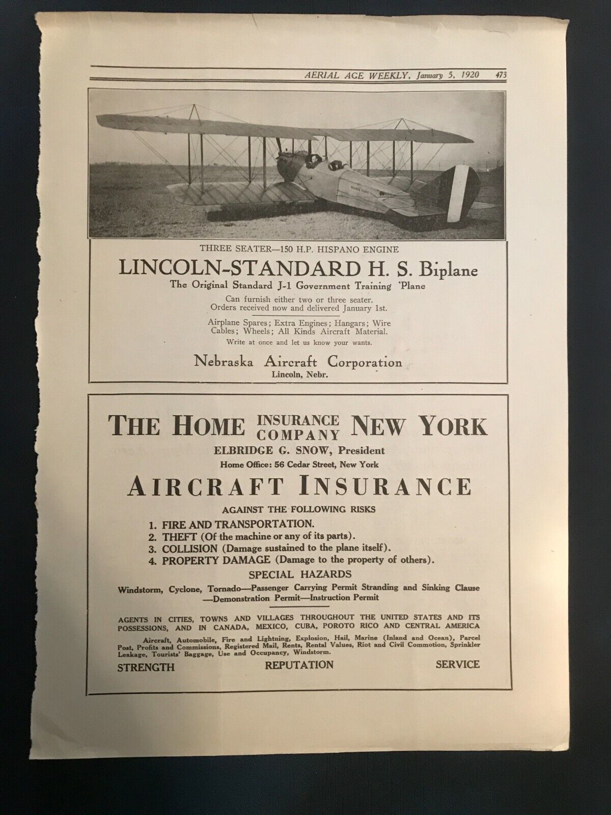 Aircraft Print Ad 1920 - Lincoln-Standard H. S. Biplane - Nebraska  - 12 x 9