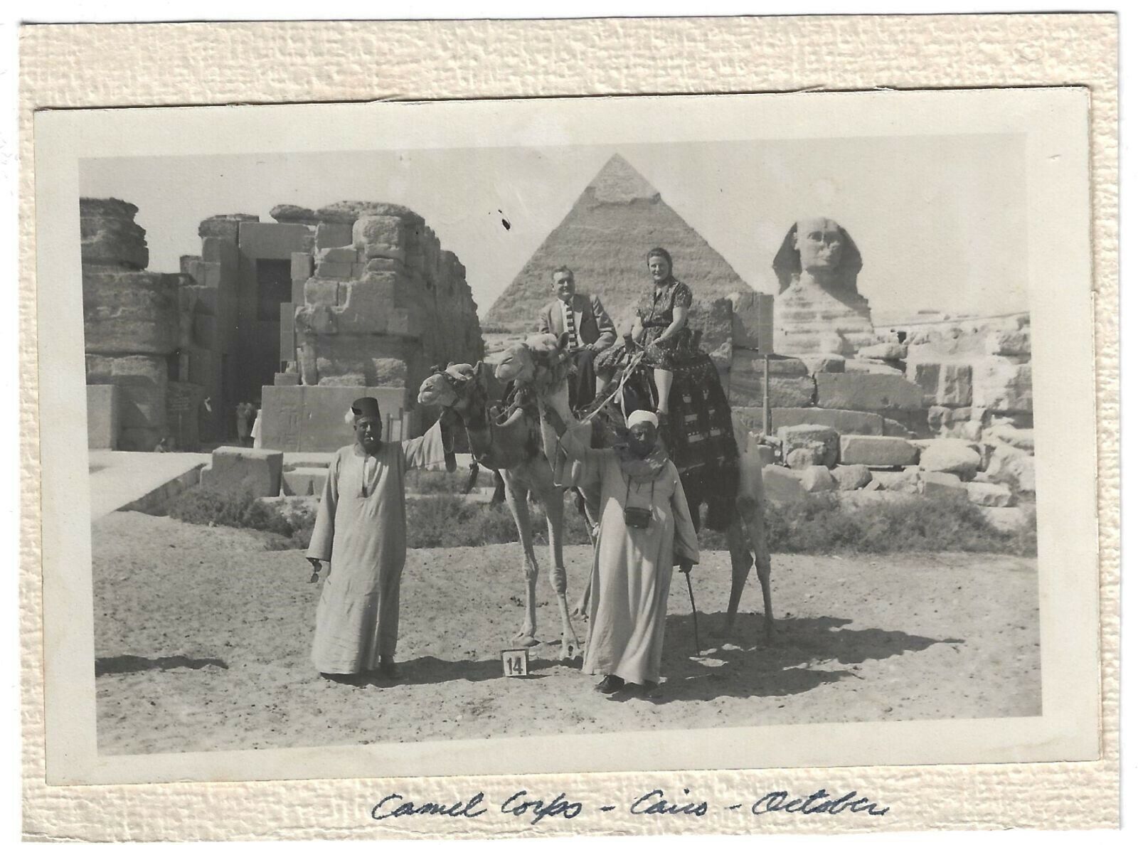 Egypt Sphinx Pyramid Giza Tourists Ride Camel Guide Cairo Vintage Snapshot Photo