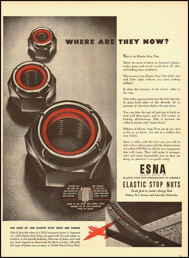 1940s vintage ad for ESNA Elastic Stop Nuts, \'where are they now?\' -091412