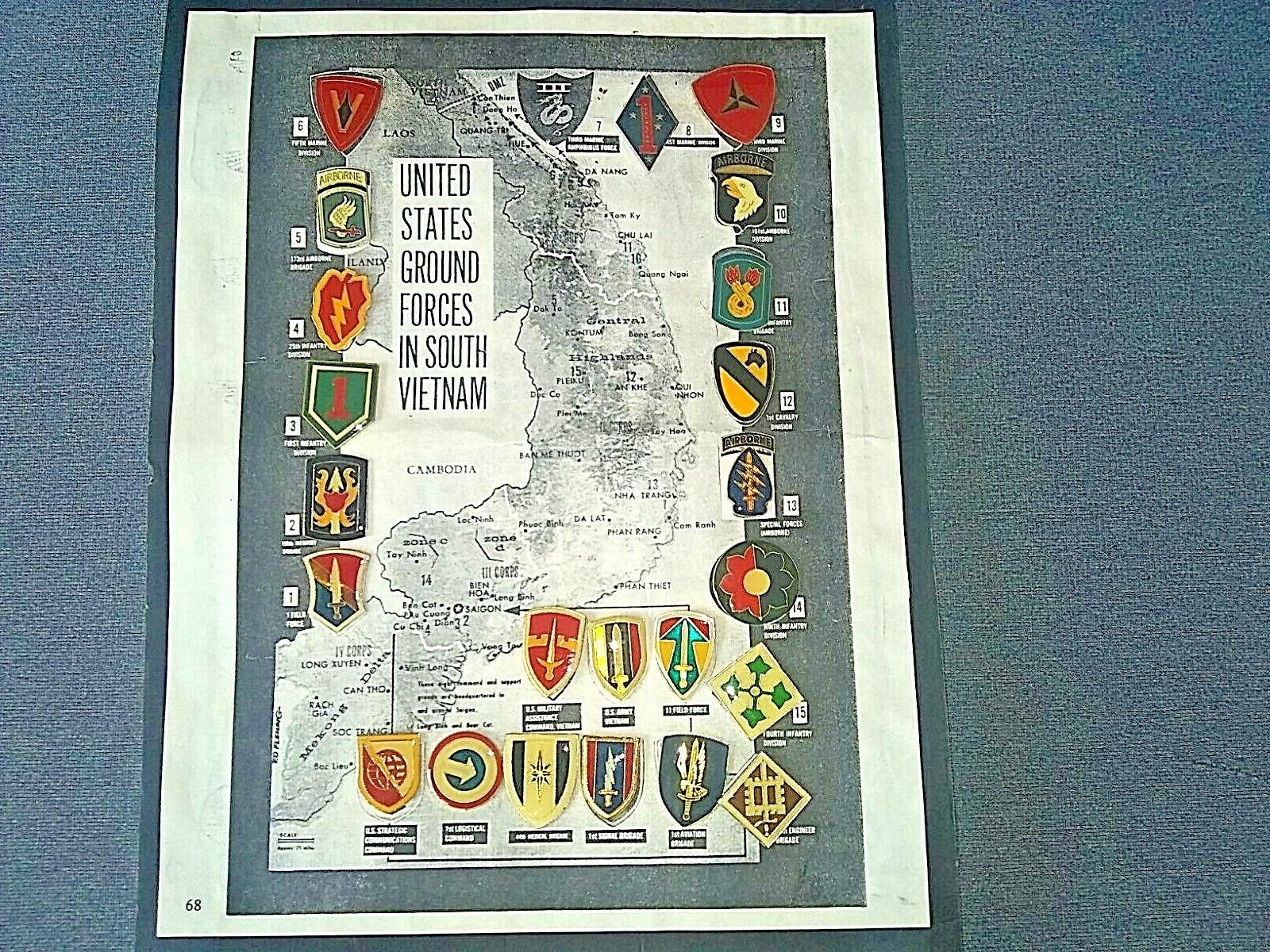 VINTAGE US GROUND FORCES IN SOUTH VIETNAM 23 PIN SET WITH MAP